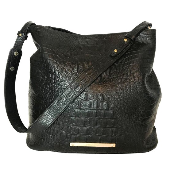 Brahmin Black Leather Croc Print Shoulder Bag With Gold Details - Picture 1 of 14
